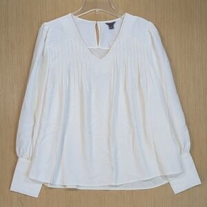 Ann Taylor Cream Pintuck V-Neck Long Sleeve Blouse